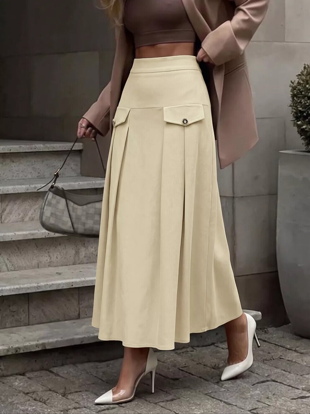 High Waist Pleated Midi Skirt - Picture 2 of 13